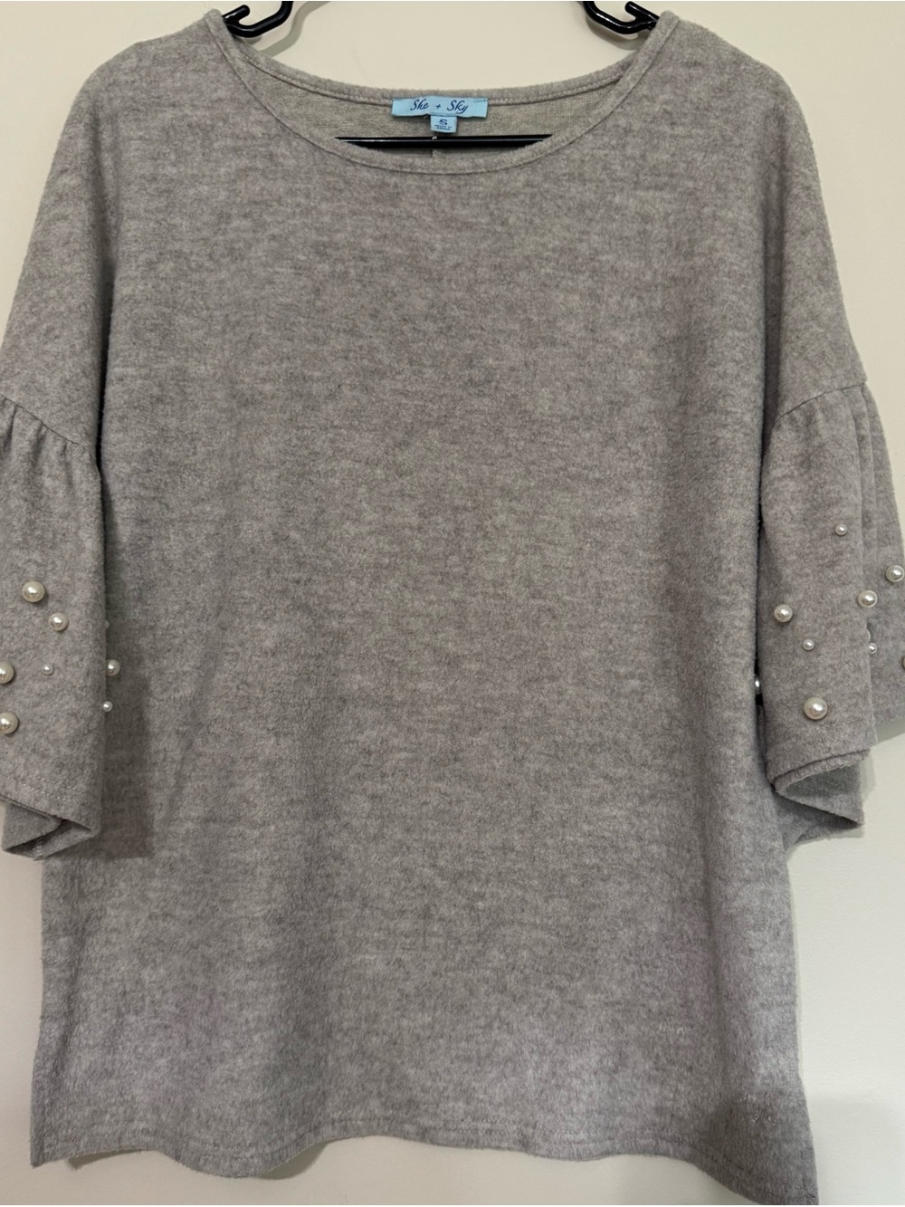 She + Sky Soft Gray Pearl-Embellished Sleeve Pullover